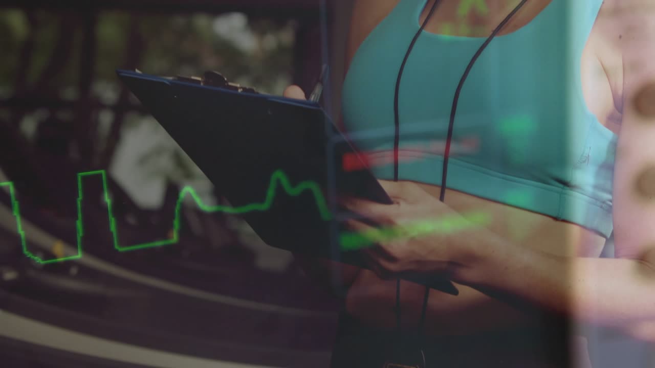 Fitness coach tapping clipboard in gym, ECG waveform overlay tracking vitals confirming check