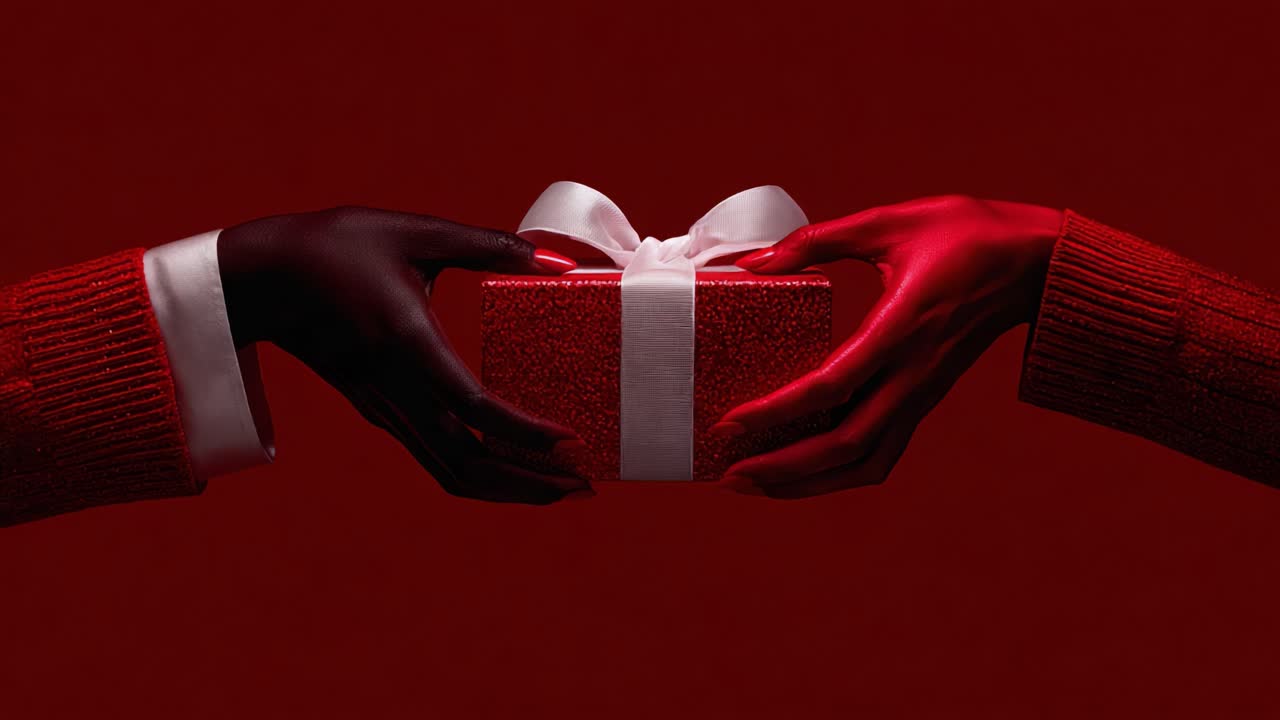 Un momento accattivante di generosità: due mani si scambiano un regalo splendidamente incartato su uno sfondo rosso sorprendente, a simboleggiare celebrazione e unione.