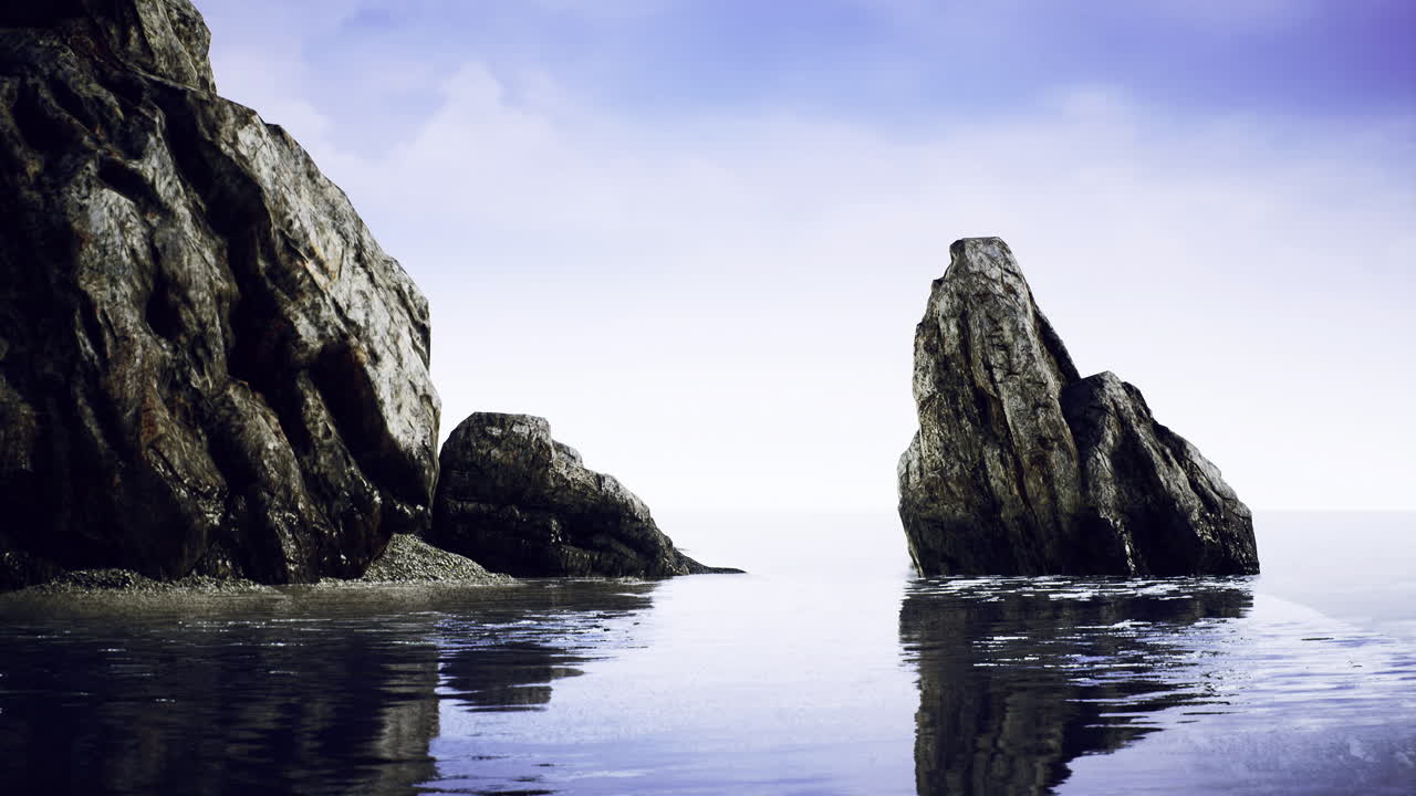 Serene coastal landscape with rocky formations and calm waters at dawn
