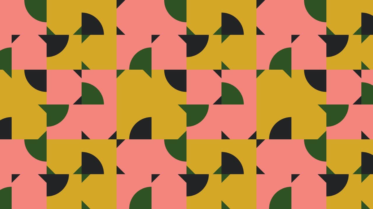 Abstract moving pattern with multicolor geometric shapes. Seamless geometric background with various dynamic tiles. Motion graphic background in a flat design with geometric elements