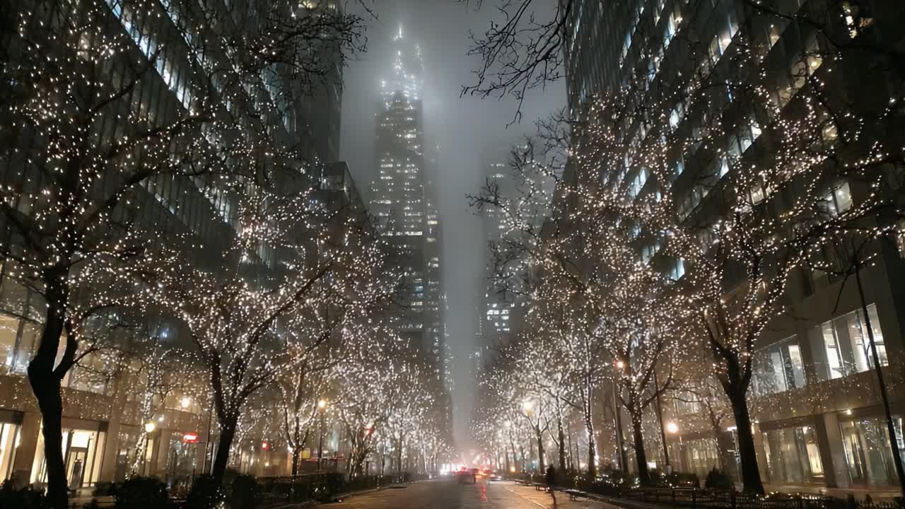 A Serene Nightscape: Majestic Trees Adorned with Twinkling Lights Illuminate the Foggy City Street, Blending Nature and Urban Charm in a Magical Nightview