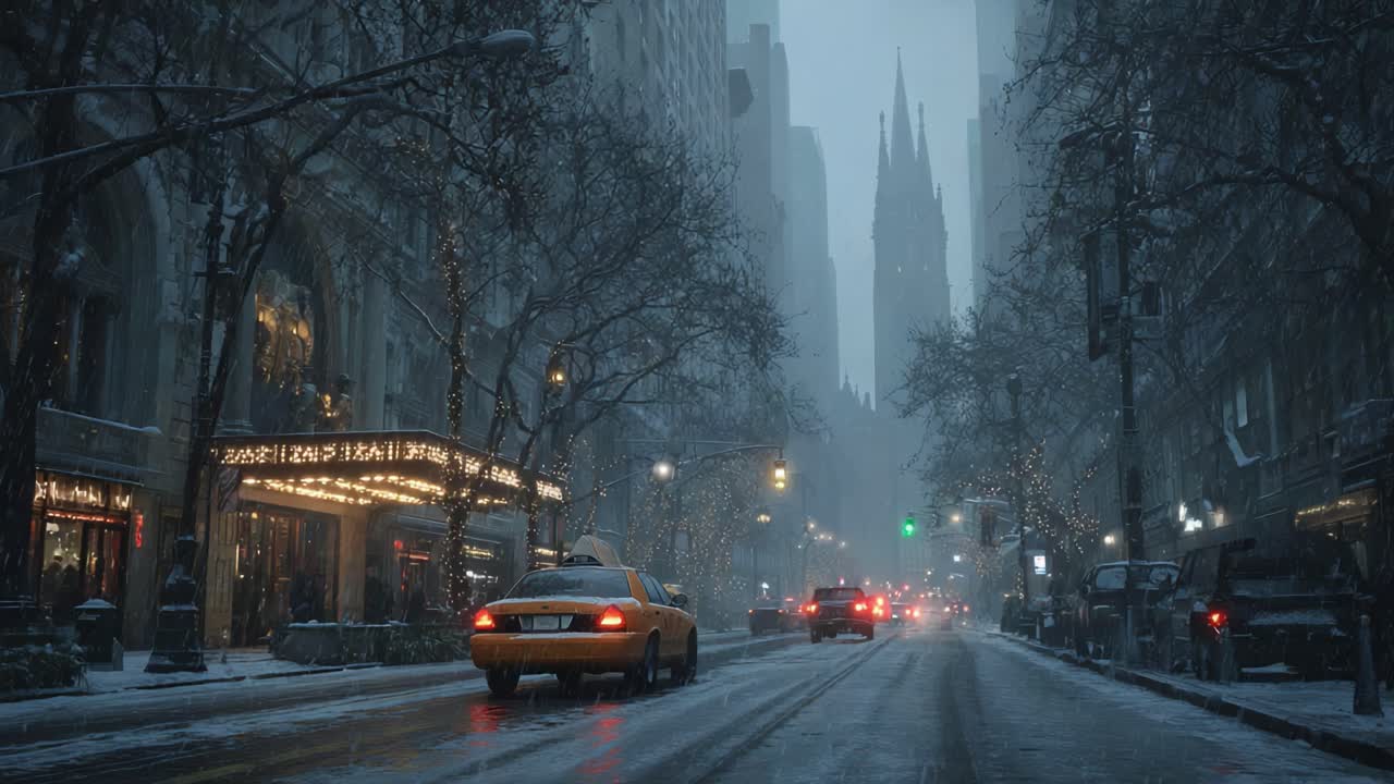 A Serene Winter Scene Captured in Timeless Frames: A Snowy Urban Street Featuring Taxis and Twinkling Lights Against a Gloomy Skyline