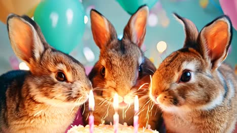 tres conejos sentados al lado de un pastel de cumpleaños con velas