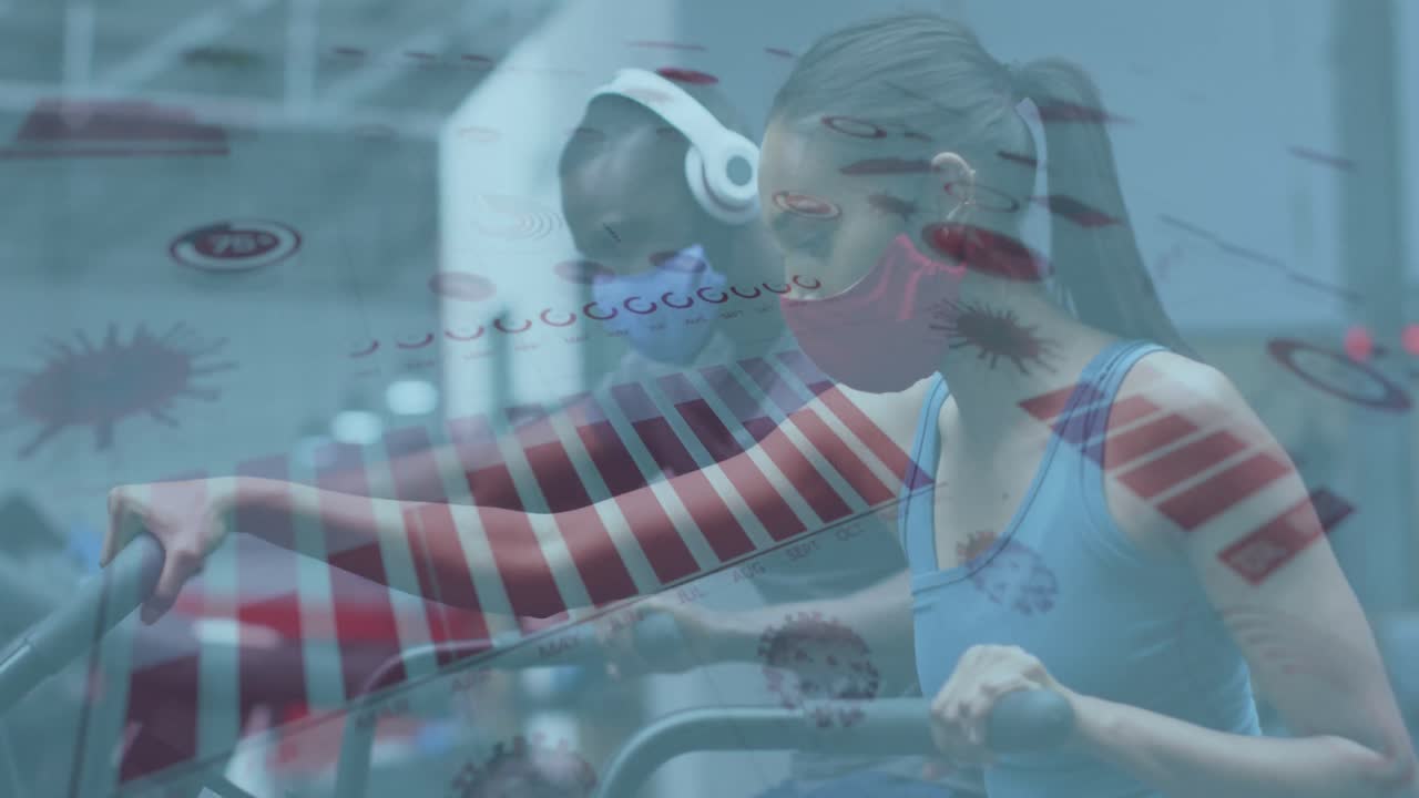 animación del procesamiento de datos sobre diversas personas que usan máscaras faciales en el gimnasio
