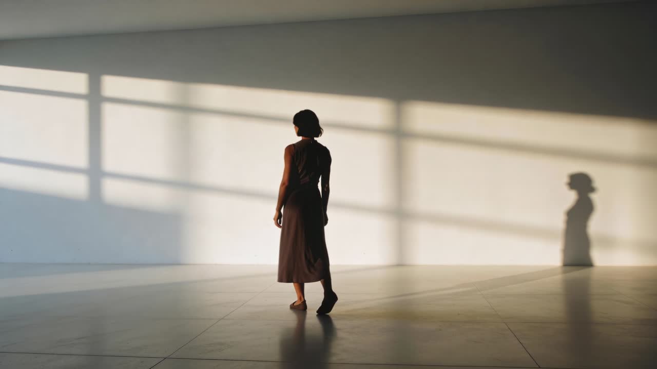 Donna in movimento in abito senza maniche in una galleria, che cammina verso una luce a griglia con l'ombra che la segue.