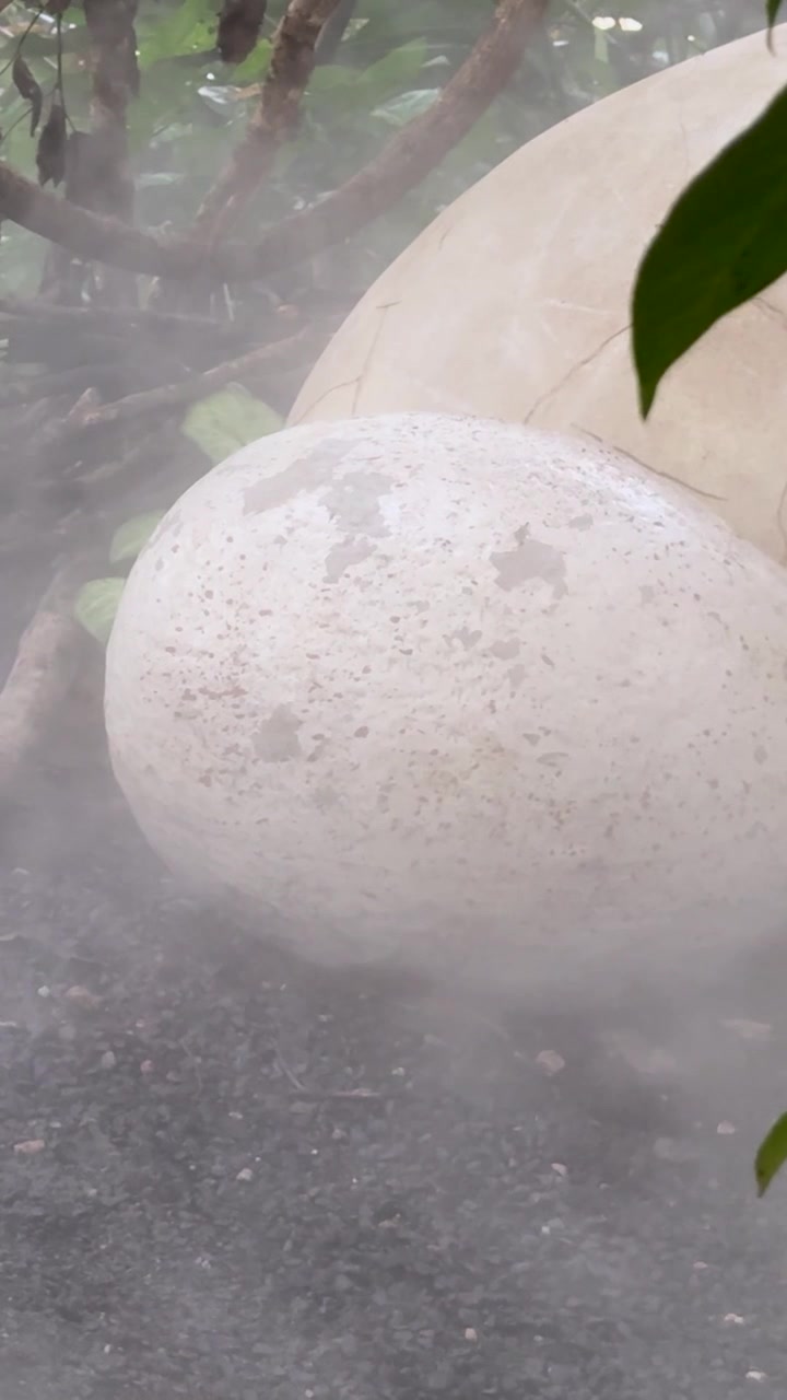 A large, textured prehistoric egg sits in a smoky forest nest with lush green foliage.