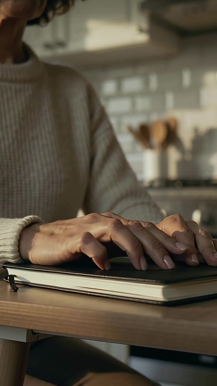 Vertical video: Sitting, senior tapping notebook in kitchen wearing ribbed sweater, preparing notes