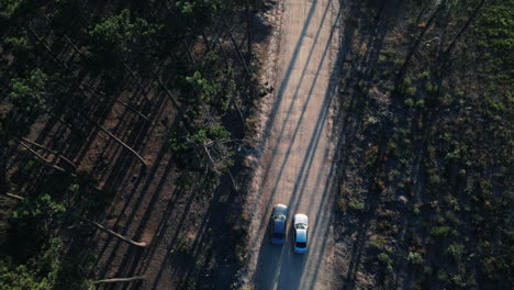 Aerial-top-view-of-cars-on-a-dusty-forest-trail