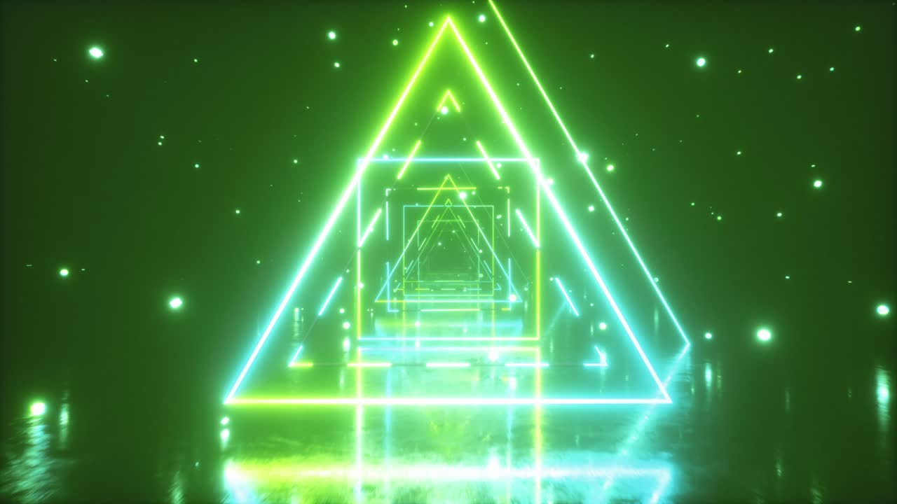 vuelo abstracto en el espacio a través de brillantes cuadrados de neón giratorios y triángulo