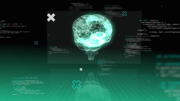 Animation of human brain and data processing over dark background