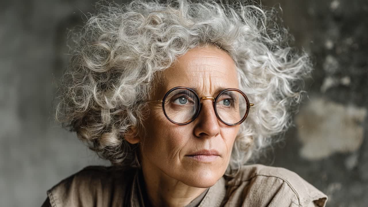 Un ritratto toccante di una donna matura con capelli ricci e occhiali, espressioni accattivanti in uno sfondo con illuminazione soffusa
