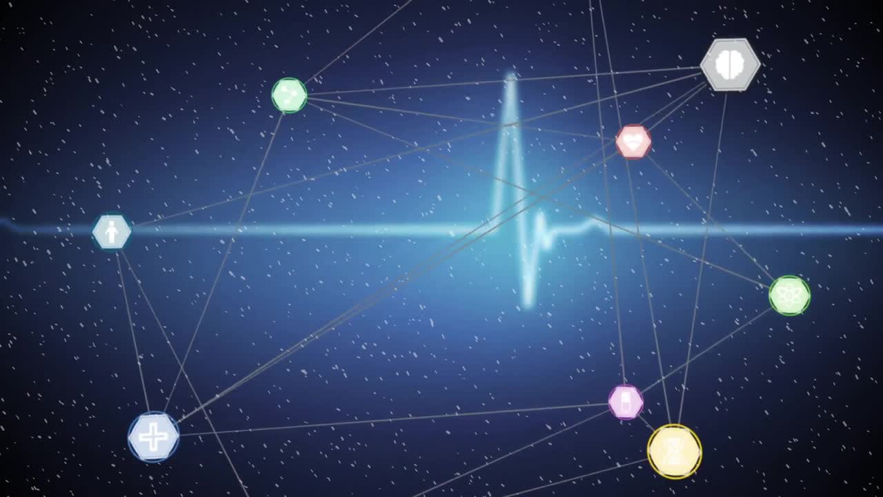 Onda de ECG fluida estendendo-se pela interface, conectando ícones de hexágono coloridos em design plano