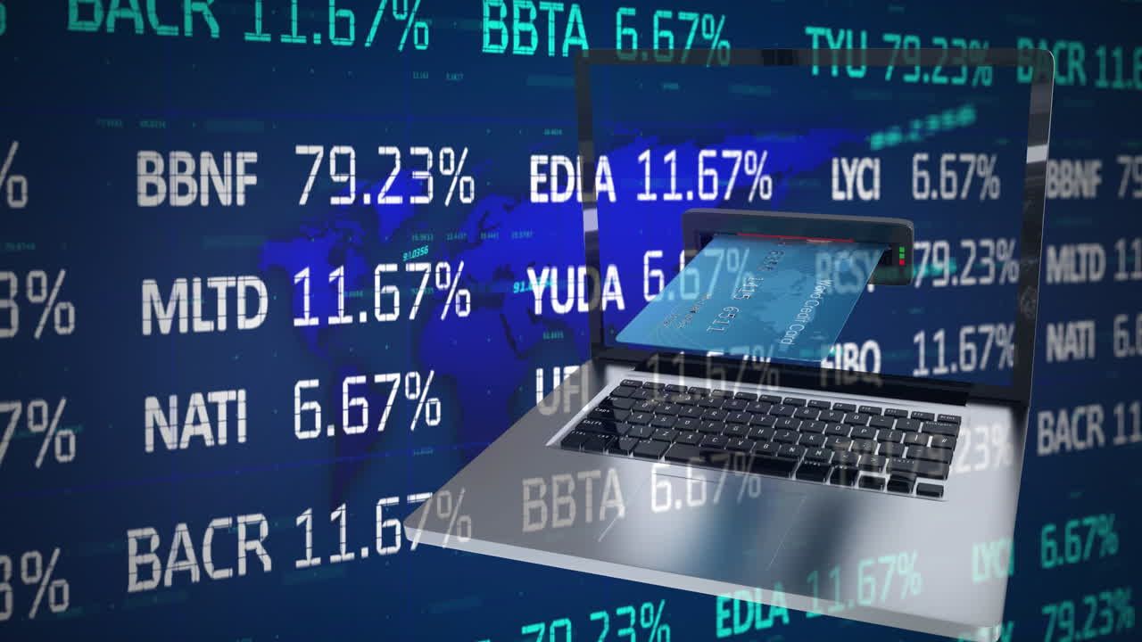 Animation of financial data processing over credit card inserted into laptop