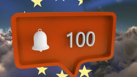 Animation-of-alert-icon-with-numbers-on-speech-bubble-with-european-union-flag