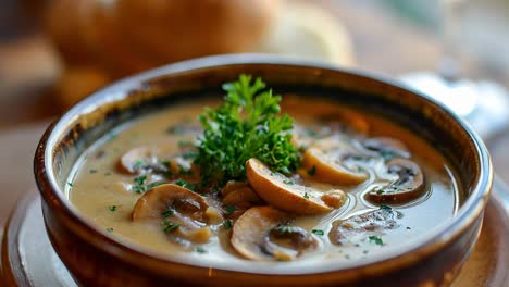 warm and inviting creamy mushroom soup garnished with fresh parsley sits in a rustic bowl, creating a comforting and flavorful culinary experience