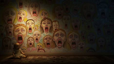 a haunting scene featuring a doll in front of a wall covered with portraits of distressed faces, evoking feelings of isolation and fear in a dimly lit room
