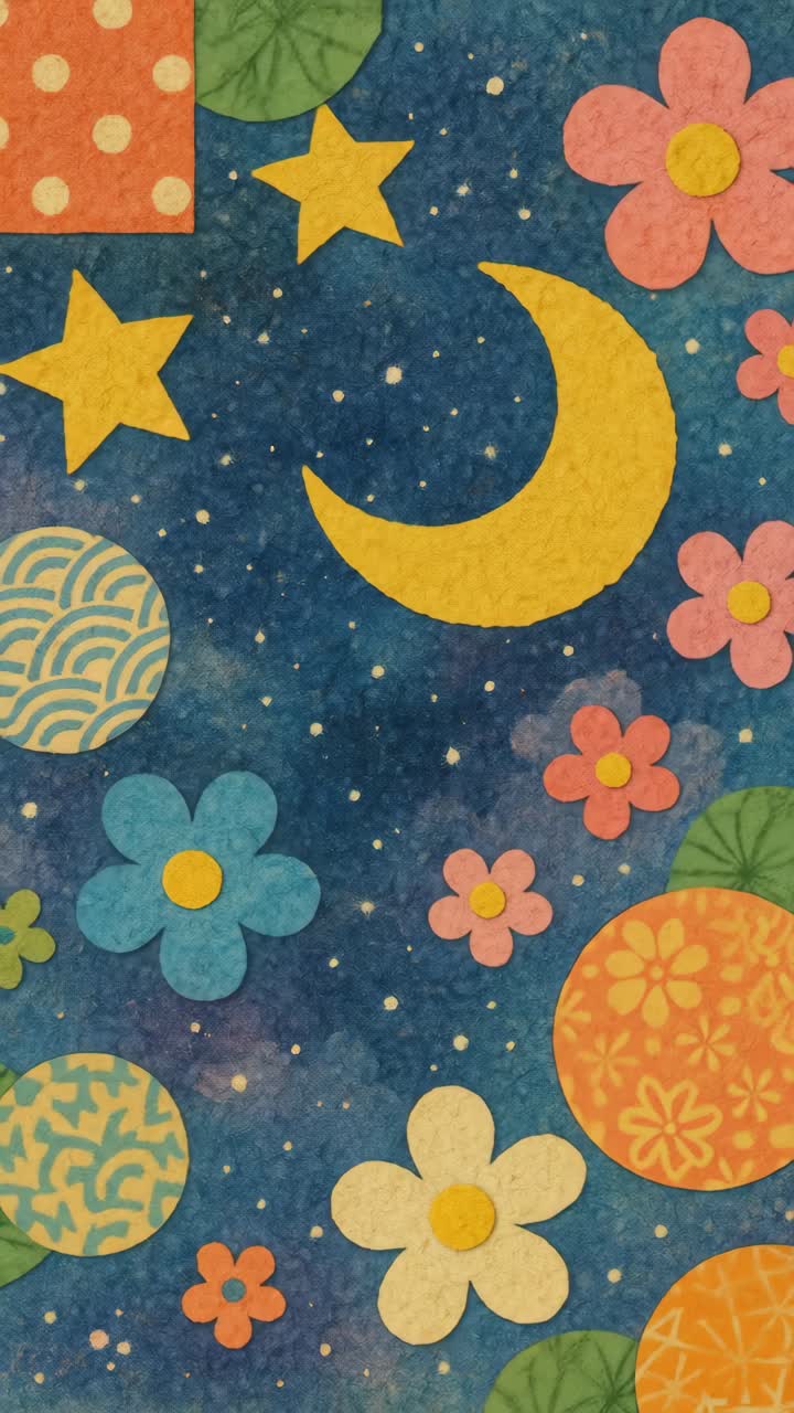 Whimsical night sky with stars, moon, and flowers in a collage style