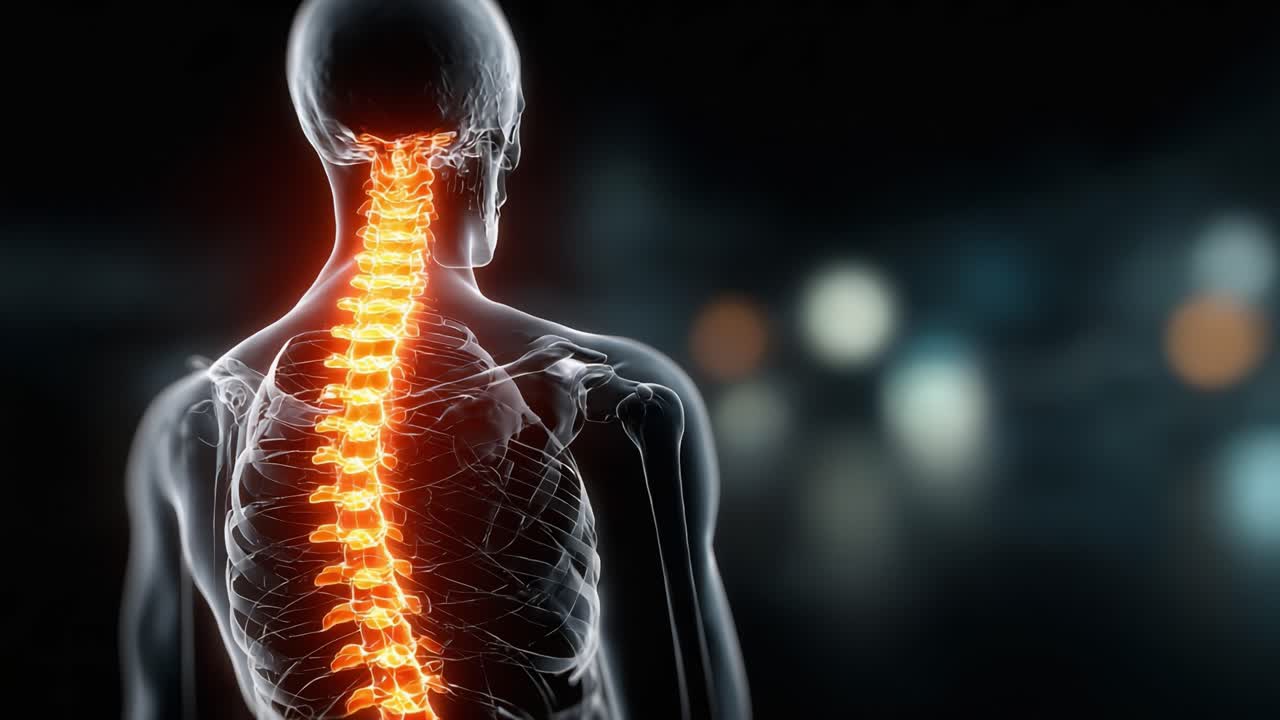 Dynamic Visualization of the Human Spine: A Close-Up View of the Spinal Column and Vertebrae Illuminated for Enhanced Understanding of Structure and Functionality