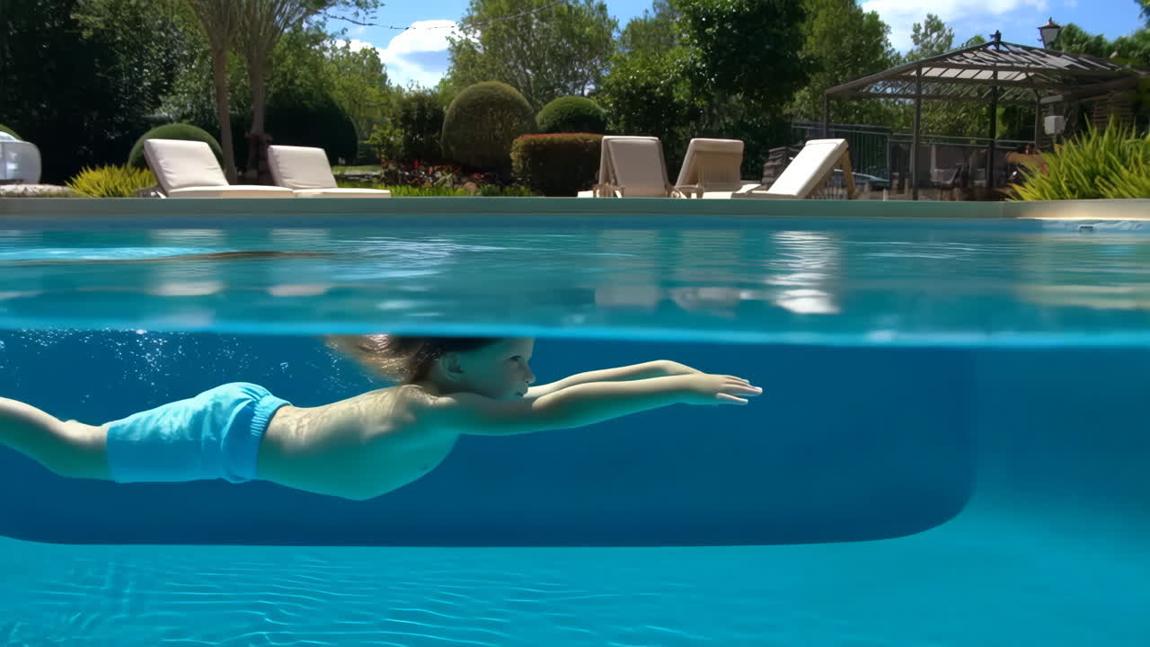 Child swimming underwater in a swimming pool