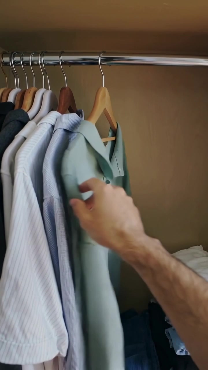 Vídeo vertical: Antebraço nu alcançando e inspecionando camisa verde em cabide no armário, verificando etiqueta.