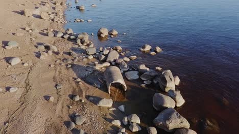 orilla de la playa rocosa con muchas rocas y naturaleza nórdica azul del mar, árboles desnudos