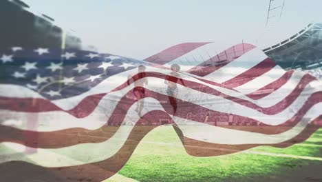 animation of sports stadium and american flag over diverse couple at beach