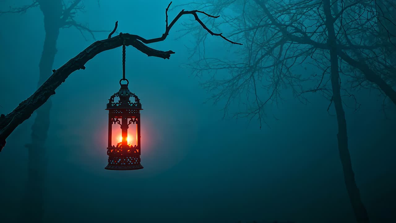 Sparking ember inside ornate hanging lantern growing into steady flame, illuminating foggy forest