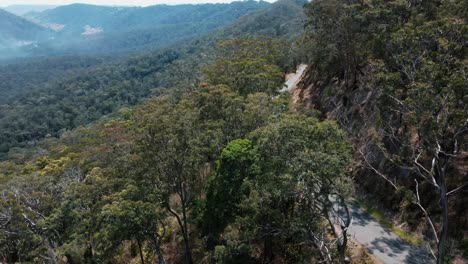 Antena-De-Drone-Que-Muestra-Un-Camino-A-Lo-Largo-De-Una-Montaña-Con-árboles-Nativos-Australianos.