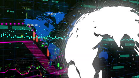 Animación-De-Datos,-Mapa-Mundial-Y-Globo-Terráqueo-Sobre-Fondo-Negro