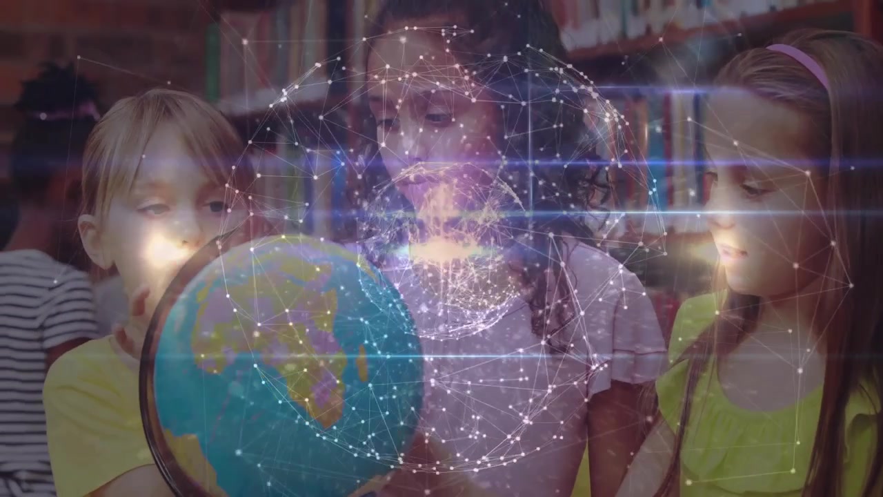Three girls by globe, spinning to reveal area and watching network overlay pulsing for learning