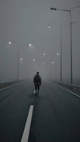 a solitary figure walks down a foggy road lined with streetlights
