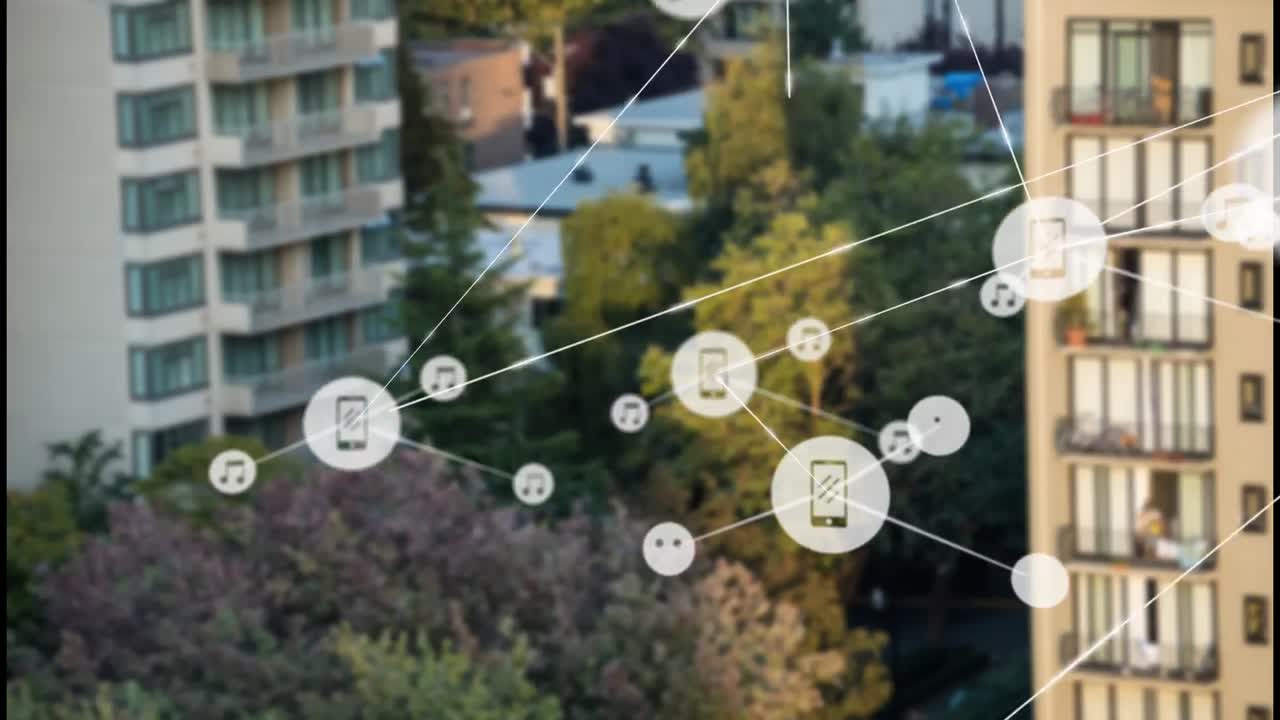 animación de la red de conexiones sobre el paisaje urbano