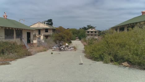 Aerial-shot-of-Abandoned-Military-Base-Barracks,-Fort-Ord-Near-Monterrey-California