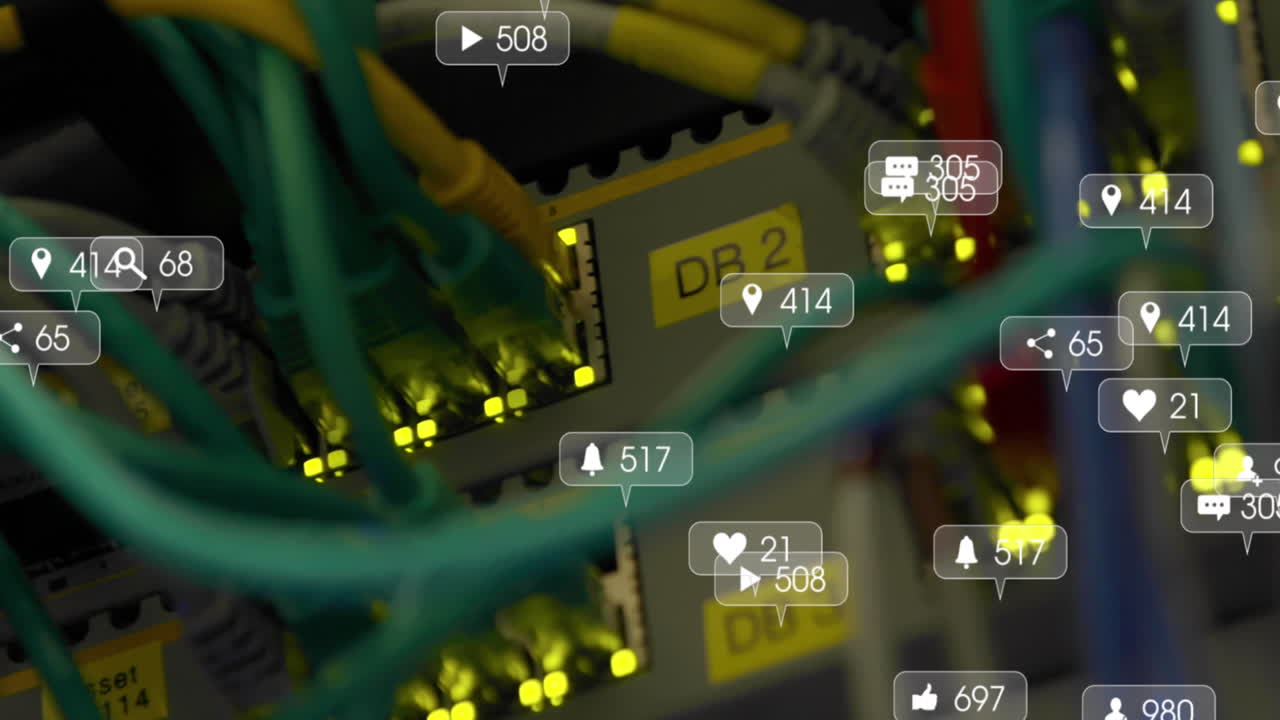 animación de la barra de notificación con números cambiantes a través de cables conectados al sistema de servidor de datos