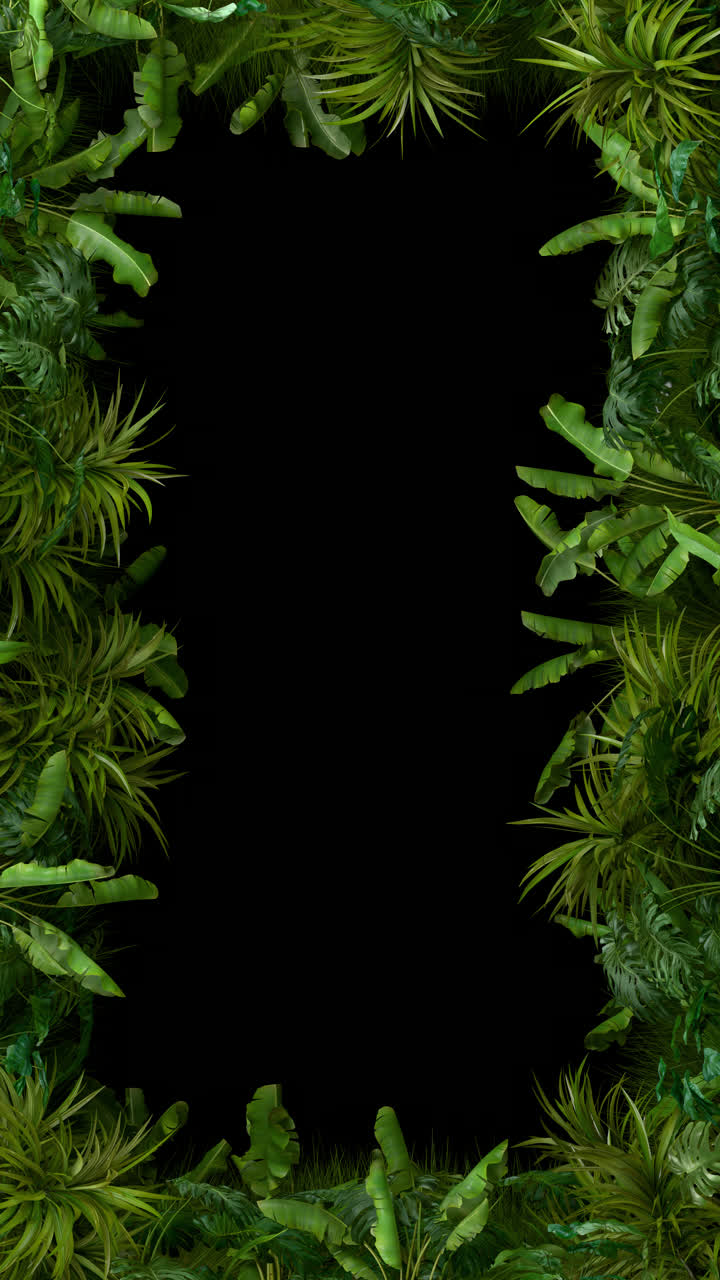 Tropical Plant Frame Vertical Loop - Green Leaves Swaying Animation with Transparent Alpha Channel. 3D rendering