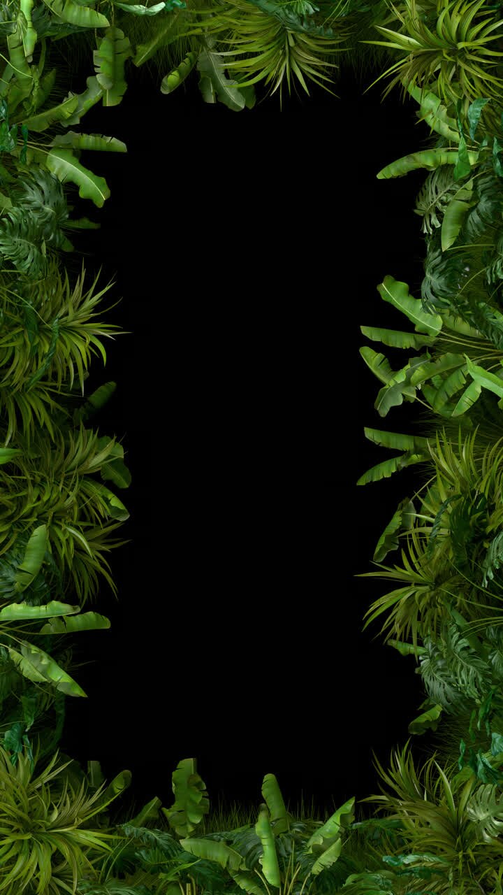 Tropical Plant Frame Vertical Loop - Green Leaves Swaying Animation with Transparent Alpha Channel. 3D rendering