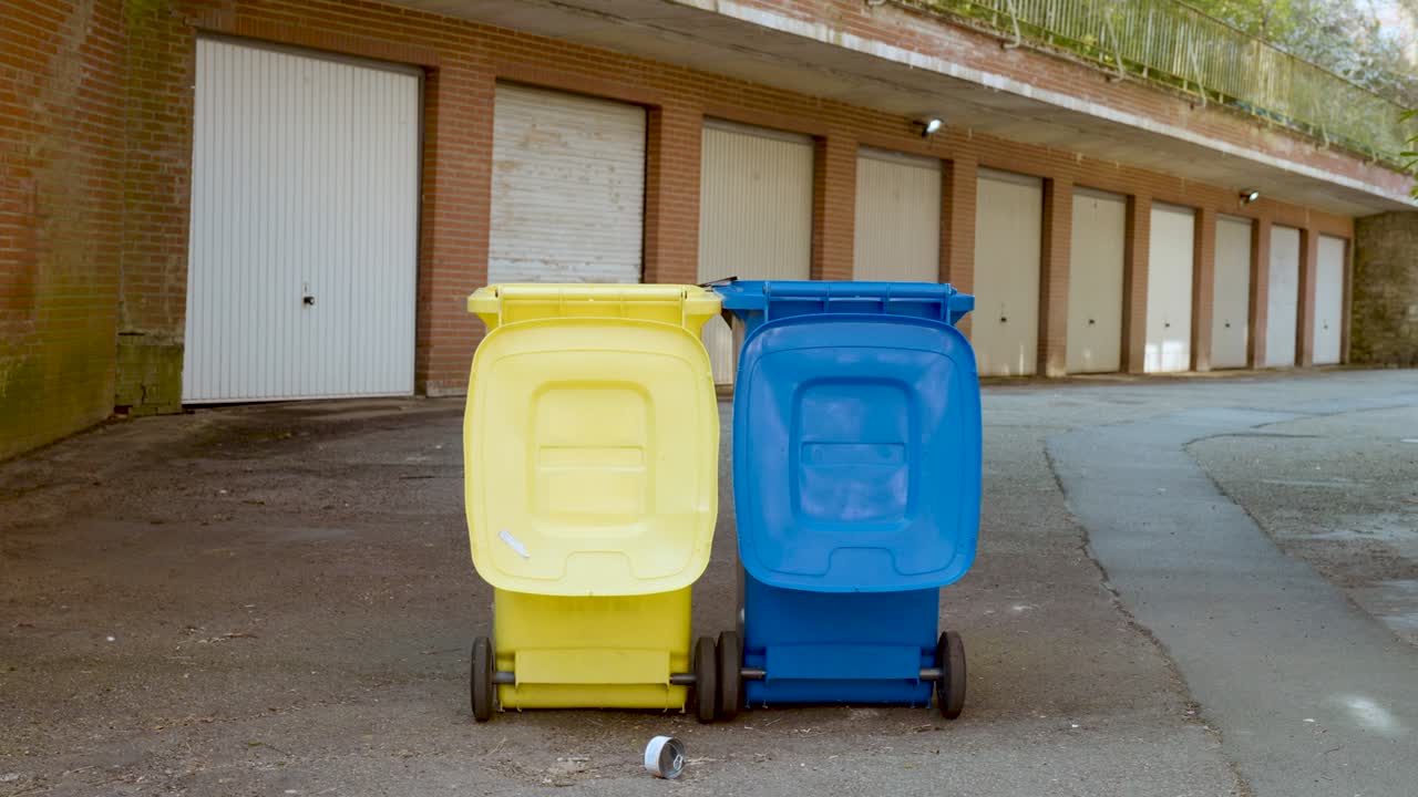 мусор падает и рассыпается по мусорным бакам - замедленная съемка