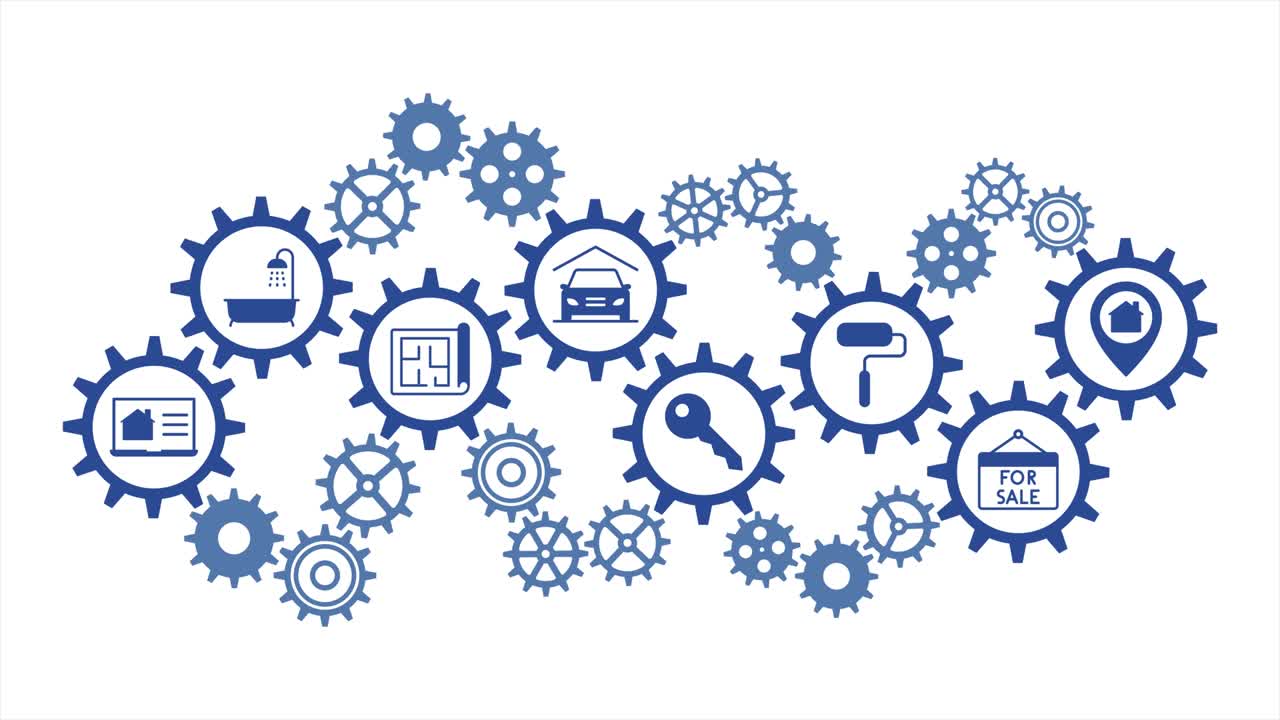 iconos de bienes raíces. gráficos de movimiento. mecanismo de engranajes. engranajes giratorios.