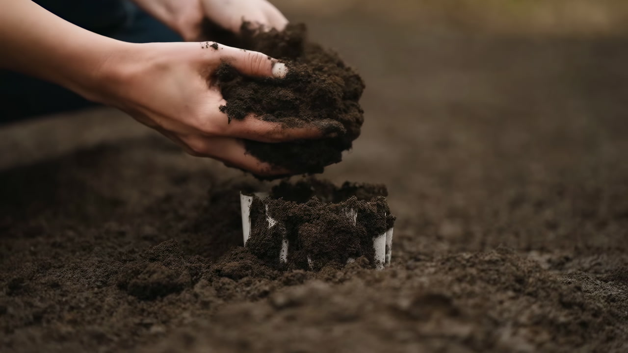 Hands Squeezing Rich Dark Soil Into Small Planting Pit, Closeup Cinematic Frame, Warm Earthy Tones, Tactile