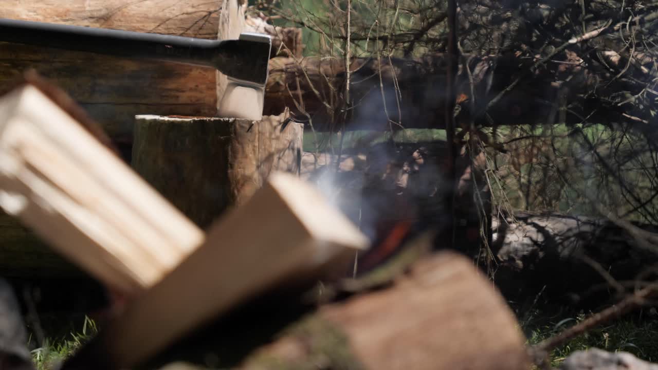 산불 뒤 에 있는 나무 줄기 에 혀 있는 도끼