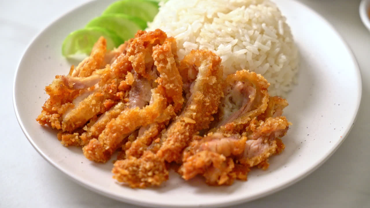 프라이드 치킨을 곁들인 하이난 치킨 라이스 또는 프라이드 치킨을 곁들인 쌀 찜 치킨 수프 - 아시아 음식 스타일