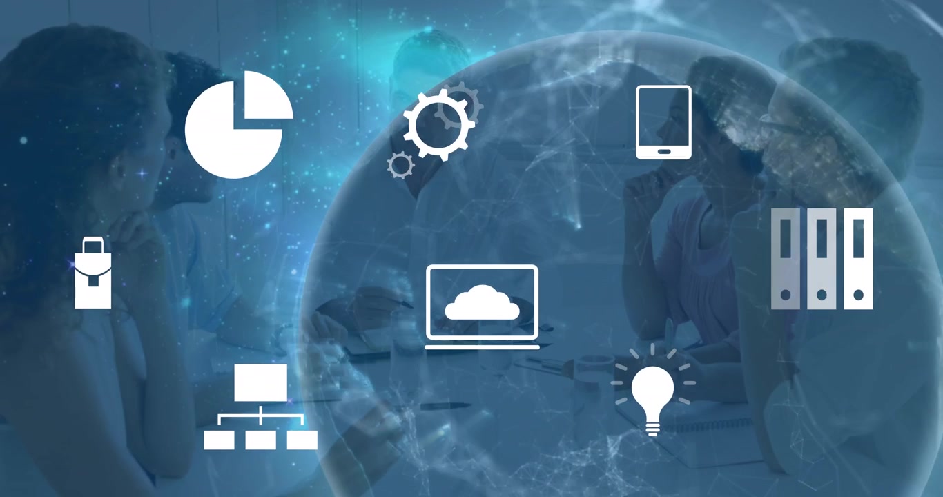 Animation of media icons over diverse business people and globe