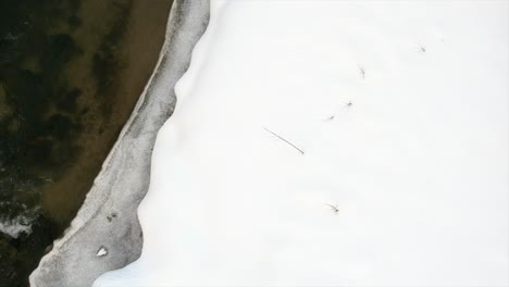 small frozen river bank in snowy landscape during wintertime