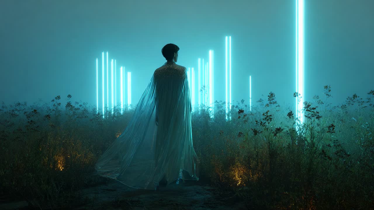 Woman in cape surrounded by glowing pillars in a field
