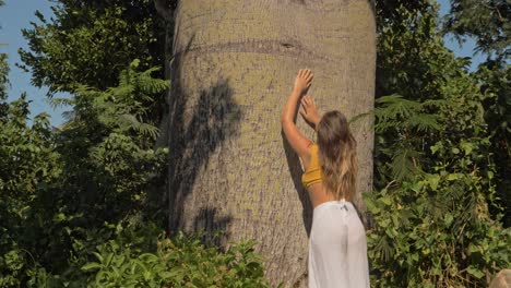 Young-Caucasian-Girl-Touching-And-Feeling-Trunk-Of-Boab-Tree---Adansonia-Gregorii-At-Whitsunday-Island-In-QLD,-Australia