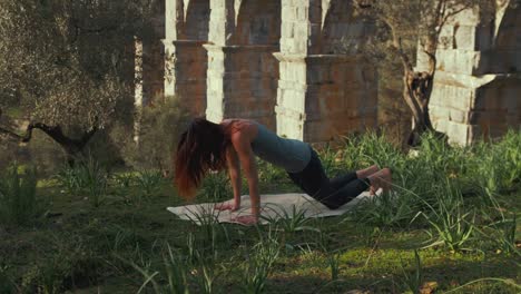 l'atleta femminile in forma esegue la posa dei delfini all'interno della natura selvaggia dell'antico acquedotto