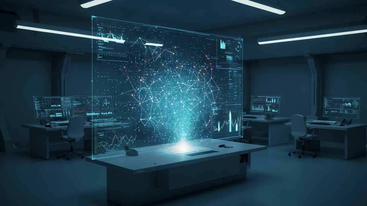A futuristic data analytics workspace illuminated by a holographic display showcasing vibrant interconnected networks and intricate data visualizations in a high-tech environment