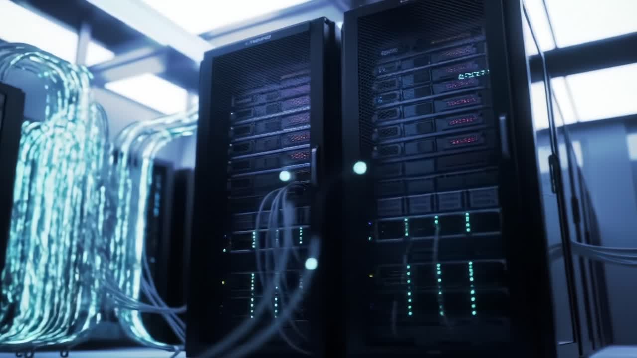 Exploring a High-Tech Data Center: A Visual Journey Through Rows of Servers and Immersive Connectivity in the Heart of Digital Infrastructure