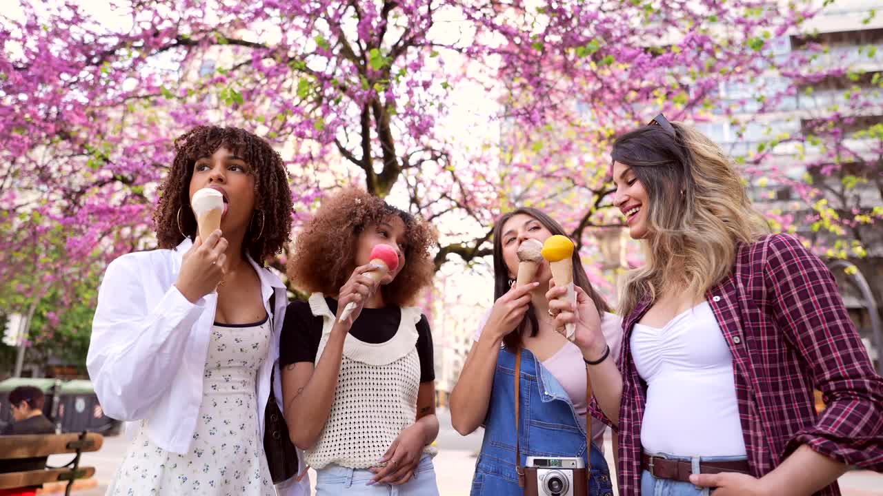 Group of friends enjoying ice cream in the spring