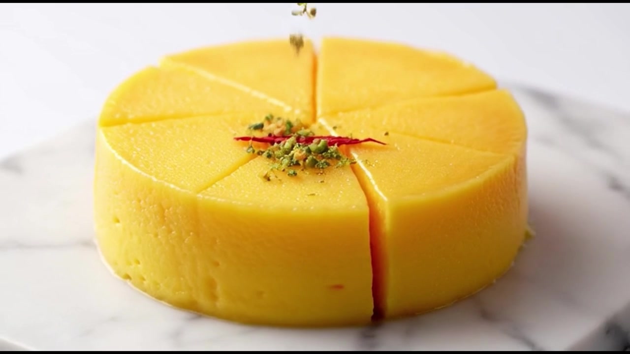 Chef decorando un cheesecake de mango amarillo en rodajas con pistachos